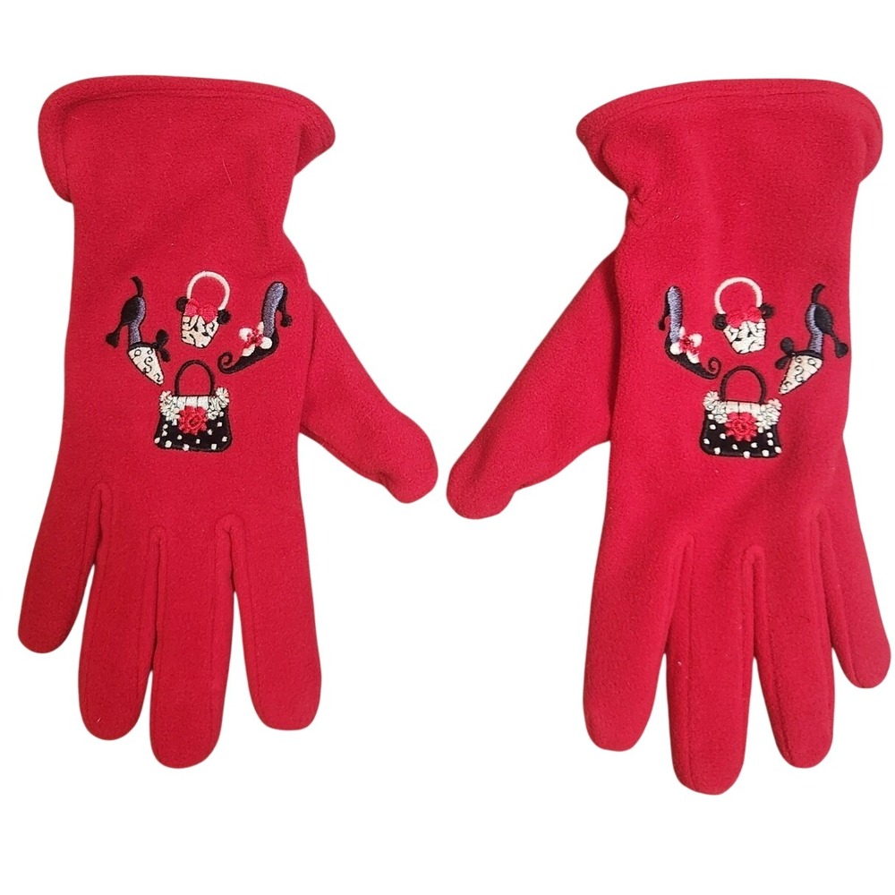 Isotoner Red Fleece Gloves Embroidered Purse & Heels Y2K Coquette Coziness